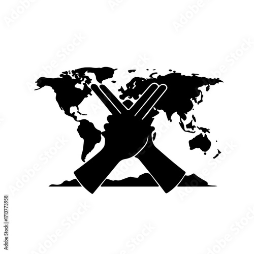 A powerful black and white icon featuring a world map with two hands crossed over it to form a clear "X" or "no" sign. This design represents a united, global rejection of female genital mutilation