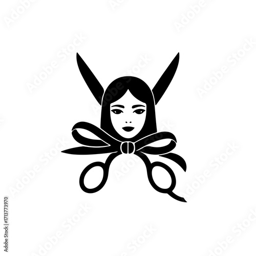 A striking black and white icon featuring the peaceful or smiling face of a woman. The negative space around her face forms the subtle silhouette of a pair of broken or bound scissors