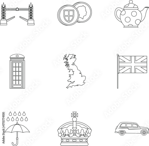 Attractions of United Kingdom icons set