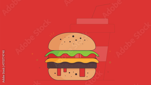 Burger sandwich with a drink illustrated on a vibrant red background, showcasing a delicious fast food combo