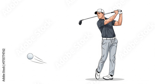 Golfer executing a powerful drive, ball in motion, dynamic swing.