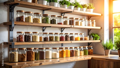 Wallpaper Mural Organized Kitchen Spice Rack with Herbs and Sunlight, Wooden Shelves and Jars. Torontodigital.ca