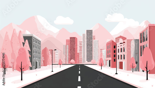 Urban landscape illustration of cityscape with mountains and buildings vector art for backgrounds and designs