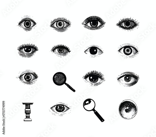 Variety of Detailed Engraved Eyes with Magnifying Glasses for Investigation and Perception Illustration