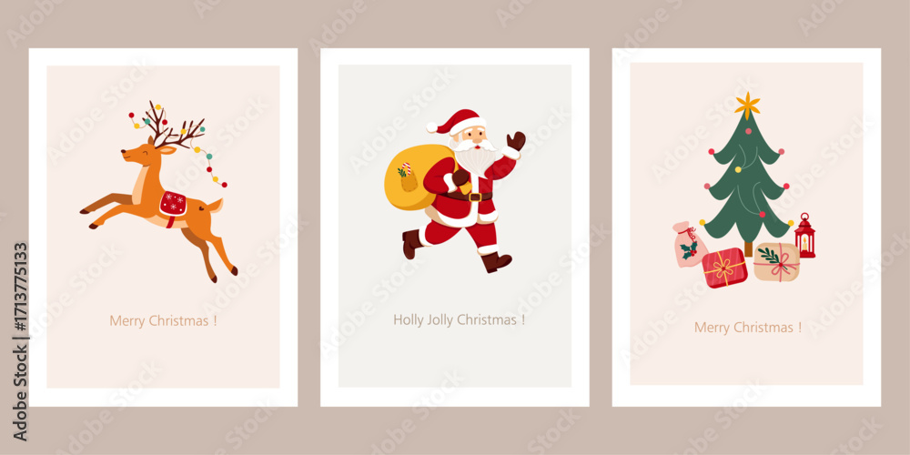 Fototapeta premium Winter greeting card with Santa Claus, Christmas tree, gifts, holiday decor, reindeer, candle, candy cane. New Year design template, print, poster
