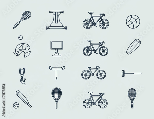 Variety of sports equipment and other objects in line art showcasing diverse interests and hobbies