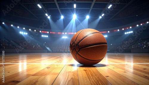 Basketball Game Night:  A Single Ball on the Court Awaits the Tip-Off