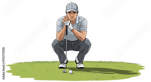 A golfer in a focused stance, preparing to putt a golf ball on the green.