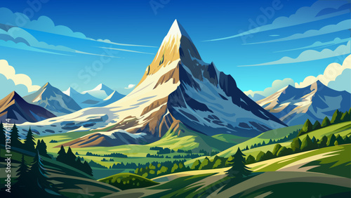 Matterhorn mountain, iconic pyramid-shaped peak of the Alps, covered in snow, surrounded by alpine meadows and clear blue sky, symbol of Switzerland
