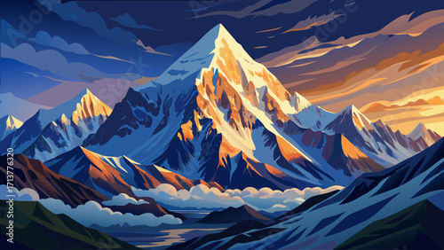 Mount Everest, the world’s tallest peak, covered in snow and ice, towering above the Himalayan range, surrounded by dramatic clouds and sharp ridges, symbol of extreme adventure and natural beauty