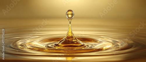 Golden liquid drop impacting a still surface, creating concentric ripples