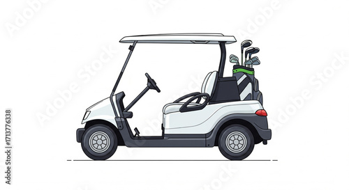 A white golf cart with golf clubs in the back, isolated on a white background.