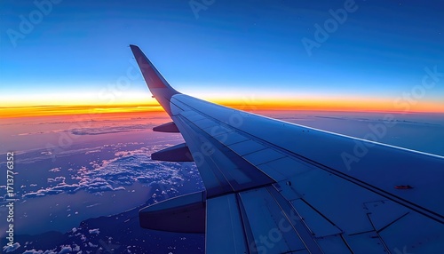 High Angle View of Airplane Wing at Sunrise.