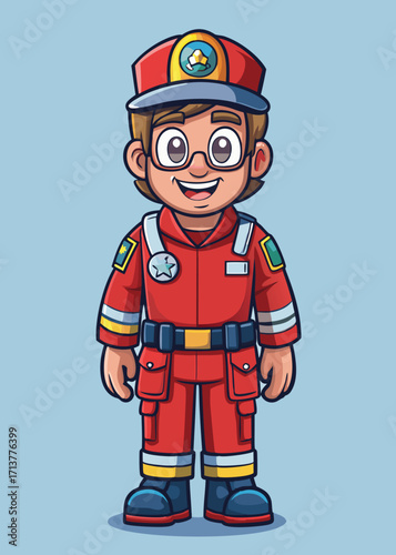 Smiling cartoon paramedic in red uniform