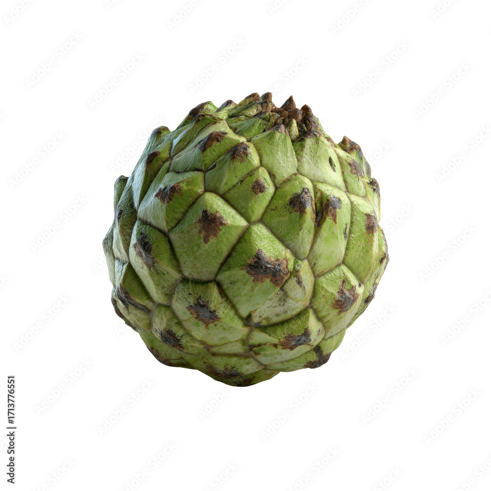 Fototapeta premium Close-up of a Single Green Pineapple Fruit with Brown Spots Isolated on White Background