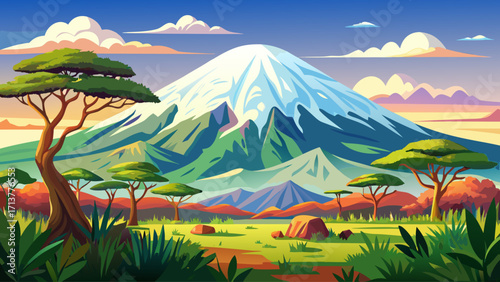 Mount Kilimanjaro, Africa’s tallest mountain, iconic snow peak rising above green savannah and clouds, with glaciers on top and lush forests below