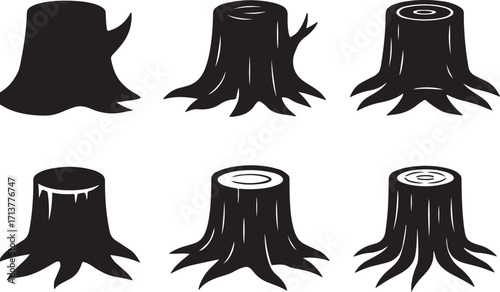 Set of Tree Stump Vector Silhouettes and Icons