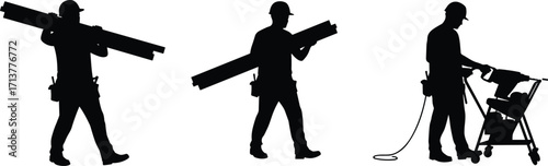 Silhouettes of Construction Workers Carrying Lumber and Using Power Saw – Black and White Vector Illustration