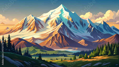 Denali mountain in Alaska, North America’s highest peak, massive snow-covered summit rising above tundra landscape and wilderness