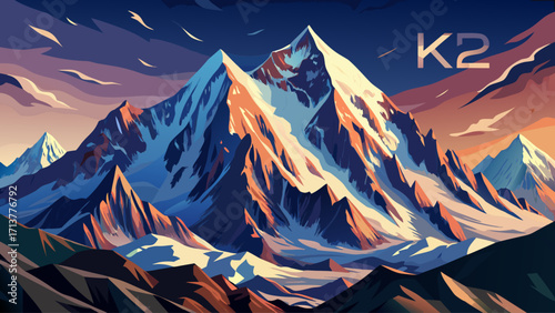 K2 mountain, the second-highest peak in the world, steep and rugged with snow-capped ridges, harsh glaciers, and dramatic sky, representing challenge and majesty