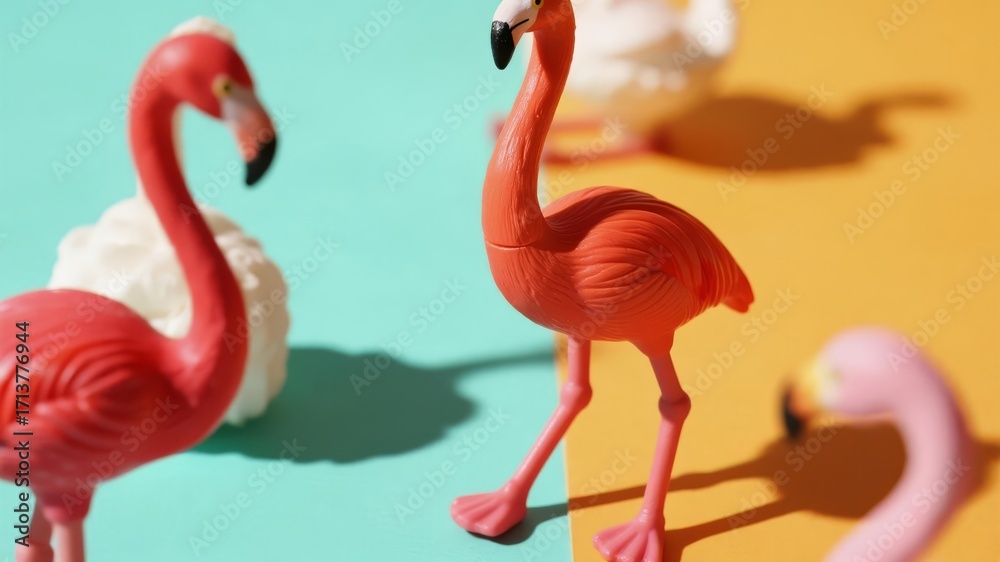 Naklejka premium Dynamic Flamingo Toy Set Against Sunlight and Shadow with Optimistic Color Scheme, Simple Creative Composition for Playful Image