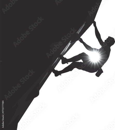 Dynamic silhouette of a determined rock climber ascending a steep, jagged cliff face, embodying strength, challenge, and the thrill of outdoor adventure against a stark, graphic background