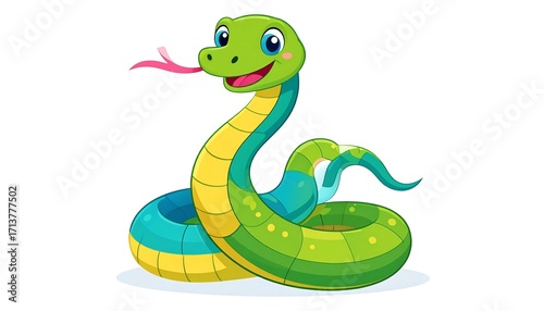 A cheerful cartoon snake rests on a bright inflatable ring, its bright green scales and happy expression creating a playful summer scene.