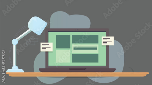 Illustration of a laptop on a desk at night, symbolizing remote work and freelancing, with a calm, focused atmosphere