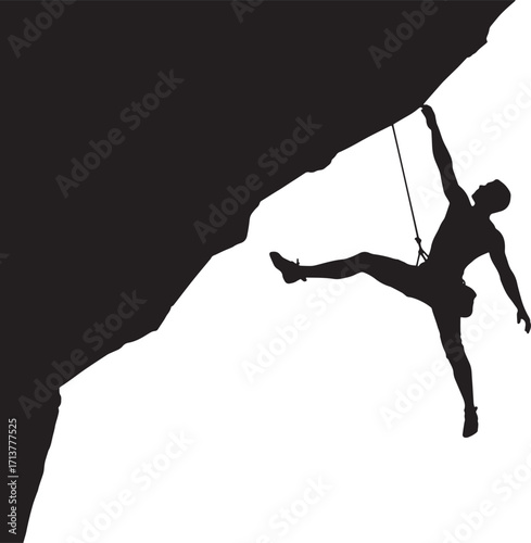 Monochrome vector graphic of a rock climber silhouette scaling a sheer mountain cliff, representing adventure and challenge