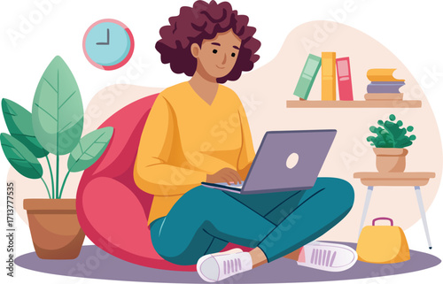 Woman Relaxing on Beanbag with Laptop, Books, and Plants, Illustration