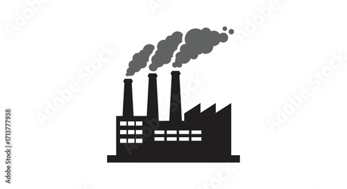 Industrial complex with three smokestacks emitting dark pollution into the air