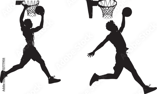Dynamic silhouettes capturing a male and female basketball player in mid-air, executing powerful slam dunks with intensity and athleticism