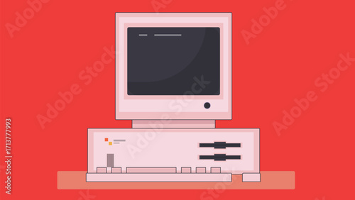 Illustration of old retro computer devices, featuring vintage keyboards, monitors, and floppy disks, symbolizing nostalgia and the evolution of technology