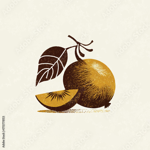 Vintage style golden kiwifruit illustration with leaf and slice for kitchen decor and healthy food design