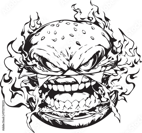 Angry Burger: A striking graphic of an enraged hamburger, showcasing fierce flames and a menacing expression, perfect for conveying the thrill of a fiery culinary experience.