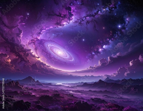 Purple Galaxy Landscape with Spiral Nebula.