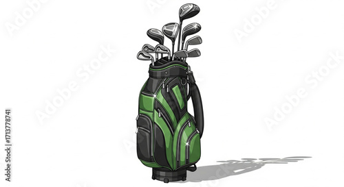 A golfer's green and black golf bag filled with clubs, ready for a game.