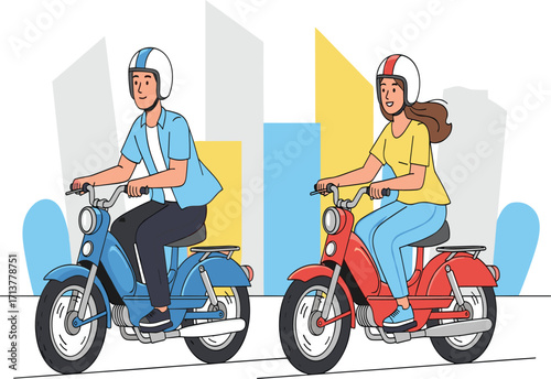 Urban scooter riders, city commute, helmet safety, casual transportation, modern lifestyle, road travel, colorful scooters, street scene, buildings, motion, youth
