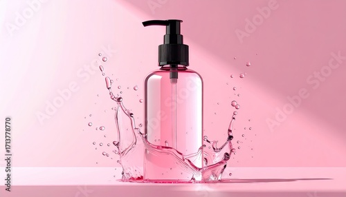 Pink Bottle of Liquid Soap with Splashing Water.