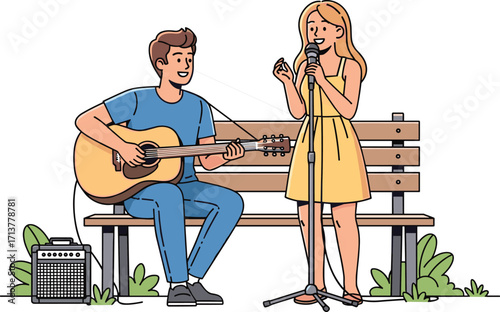 Young man playing guitar, woman singing, outdoor music performance, live duet, acoustic concert, park setting, artistic collaboration, nature, amplifier, microphone