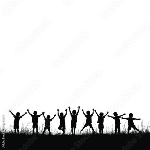 Black silhouettes of happy children jumping in grass