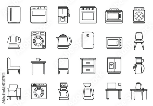 Household appliance and furniture thin line icons seamless pattern depicting refrigerators washing machines ovens coffee makers and more