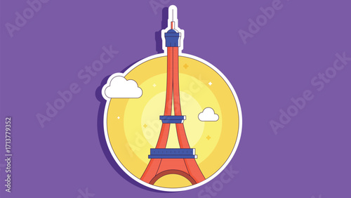 A vibrant colored sticker design of the Eiffel Tower in Paris, featuring bold and lively hues. The sticker captures the iconic French landmark with striking colors
