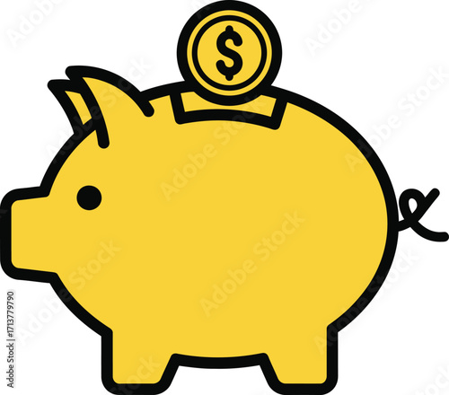 Yellow piggy bank with a coin slot and dollar coin