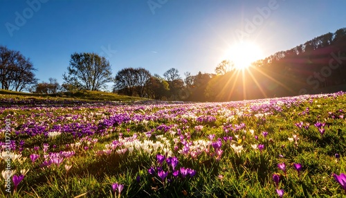 Spring crocus field with sunrise