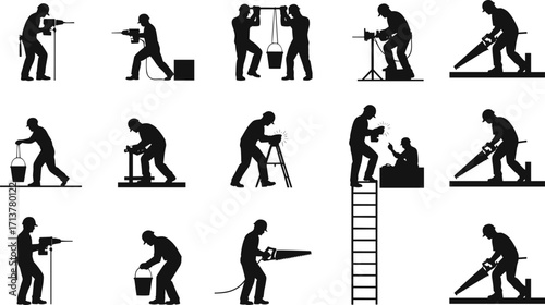 Silhouettes of Construction Workers Using Power Tools, Drills, and Saws – Industrial Labor Icons for Building, Repair, and Engineering Projects