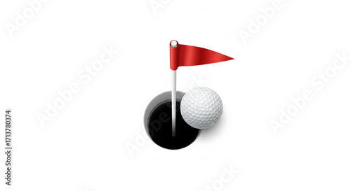 Golf ball nearing the hole, red flag indicates location.