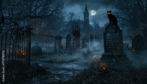 Mysterious and eerie halloween graveyard scene with a black cat perched on a tombstone under a full moon with fog and spooky trees creating a haunting atmosphere