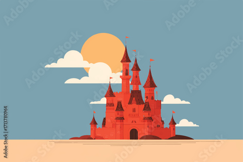 Whimsical Red Castle Illustration with Towers and Flags Against a Sunny Blue Sky Backdrop