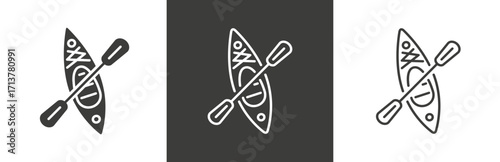 flat and linear set icons, canoe with paddle icon, kayak, rowing sports, extreme active life, simple symbols on white and black background - editable stroke vector illustration